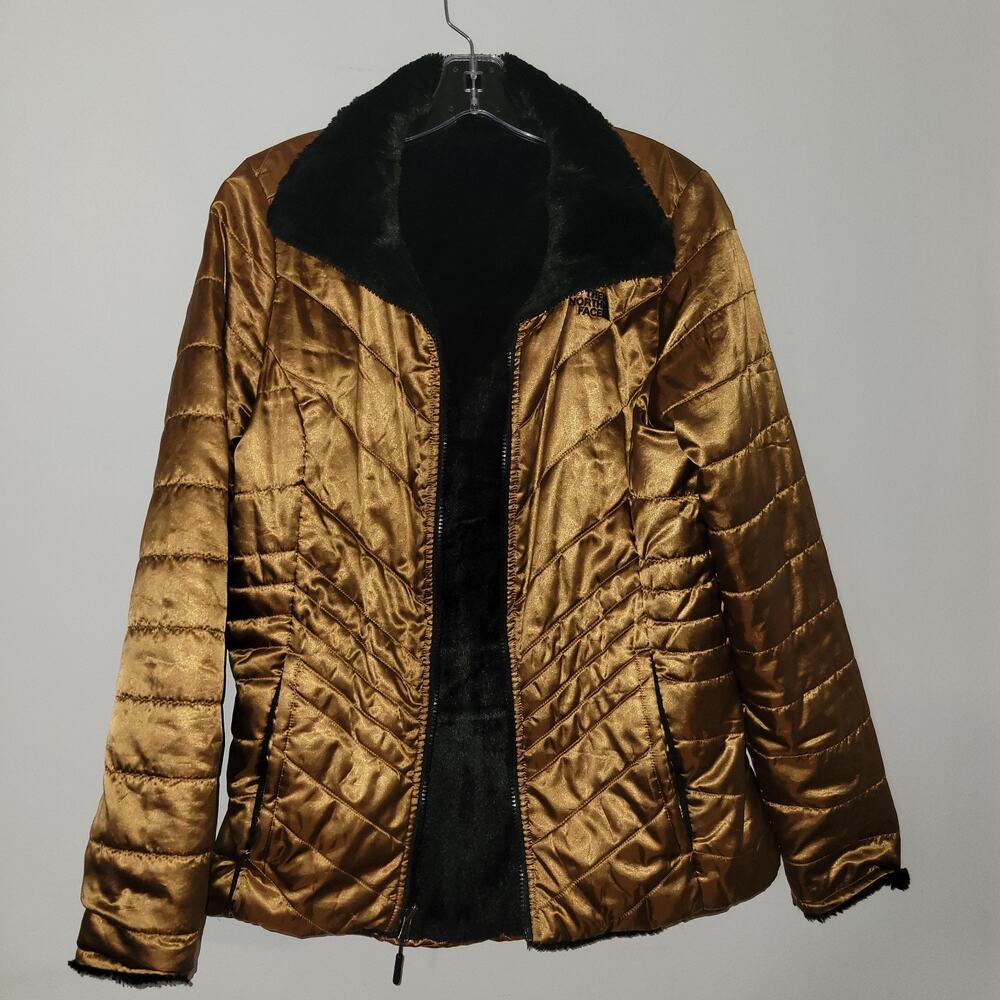 North Face Womens Size Medium Metallic Bronze Reversible Faux Fur Coat Jacket